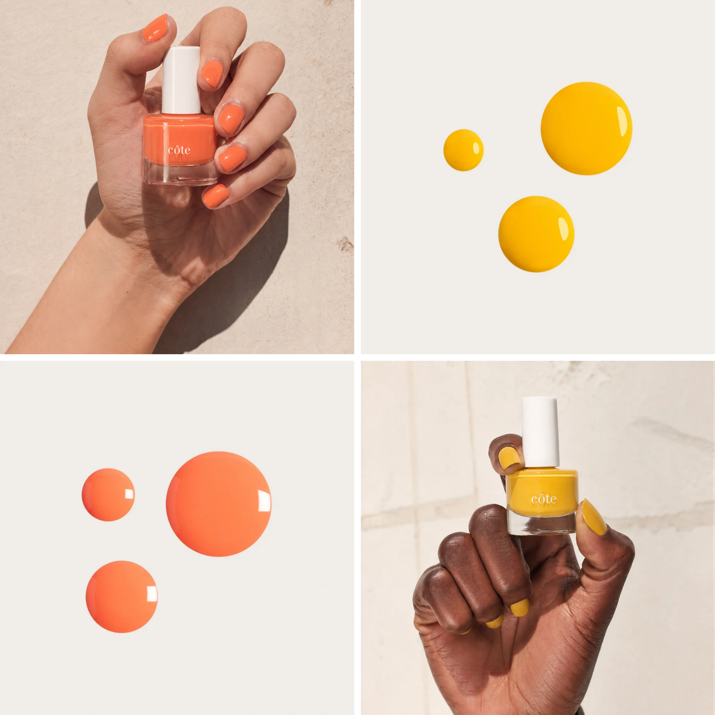 Côte Beauty Golden Hour Nail Polish Set swatches featuring Coral Reef and Songbird in a four-panel collage. Two panels show hands holding bottles of nail polish in Coral Reef and Songbird, while the other two panels display matching nail polish drops on a light background.