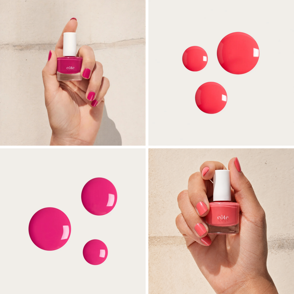 Côte Beauty Golden Hour Nail Polish Set swatches featuring Velvet Rose and Marrakesh Sunrise in a four-panel collage. Two panels show hands holding bottles of nail polish in Velvet Rose and  Marrakesh Sunrise, while the other two panels display matching nail polish drops on a light background.