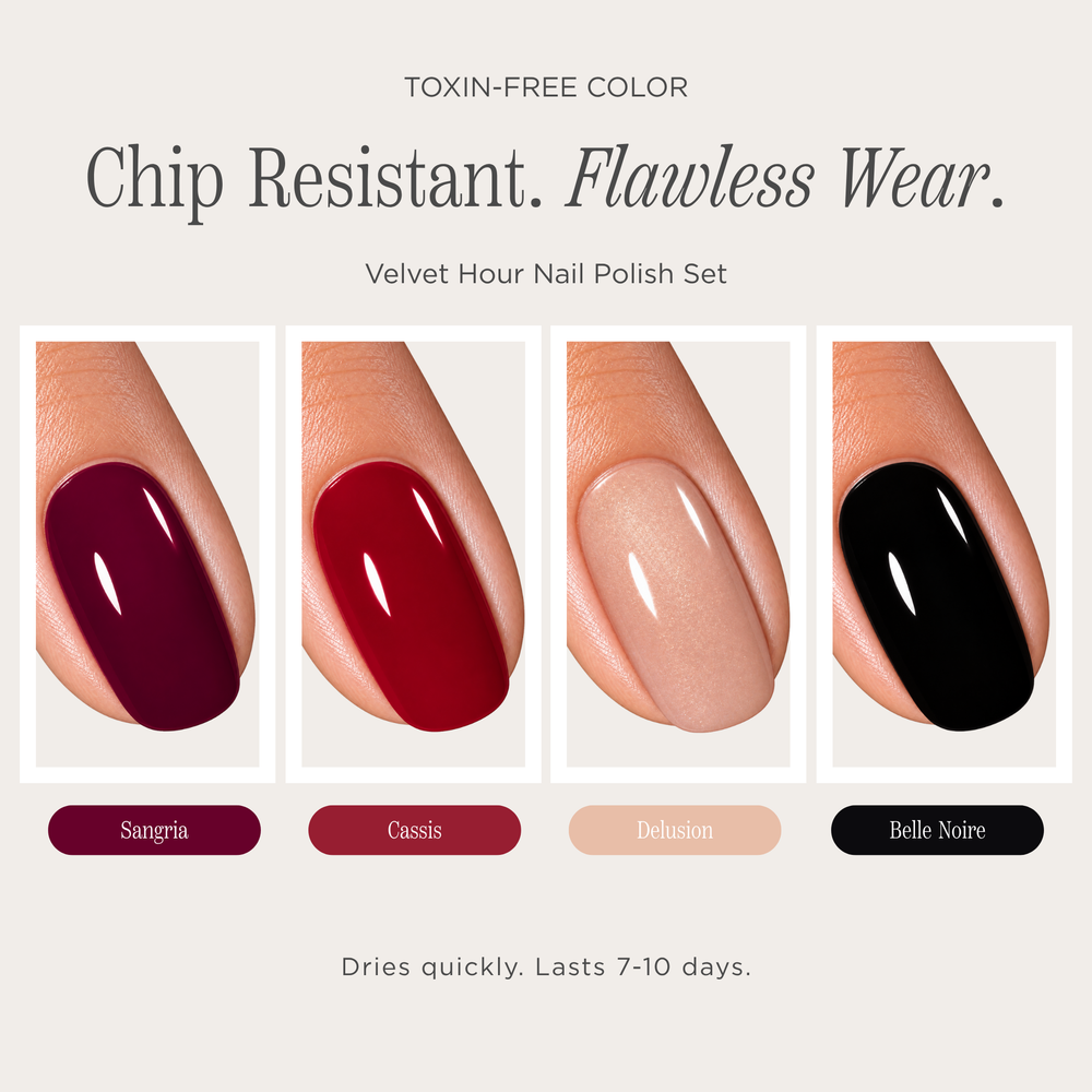 Four nail polish swatches on manicured fingernails, labeled Sangria, Cassis, Delusion, and Belle Noire, with text above reading 'TOXIN-FREE COLOR Chip Resistant. Flawless Wear.