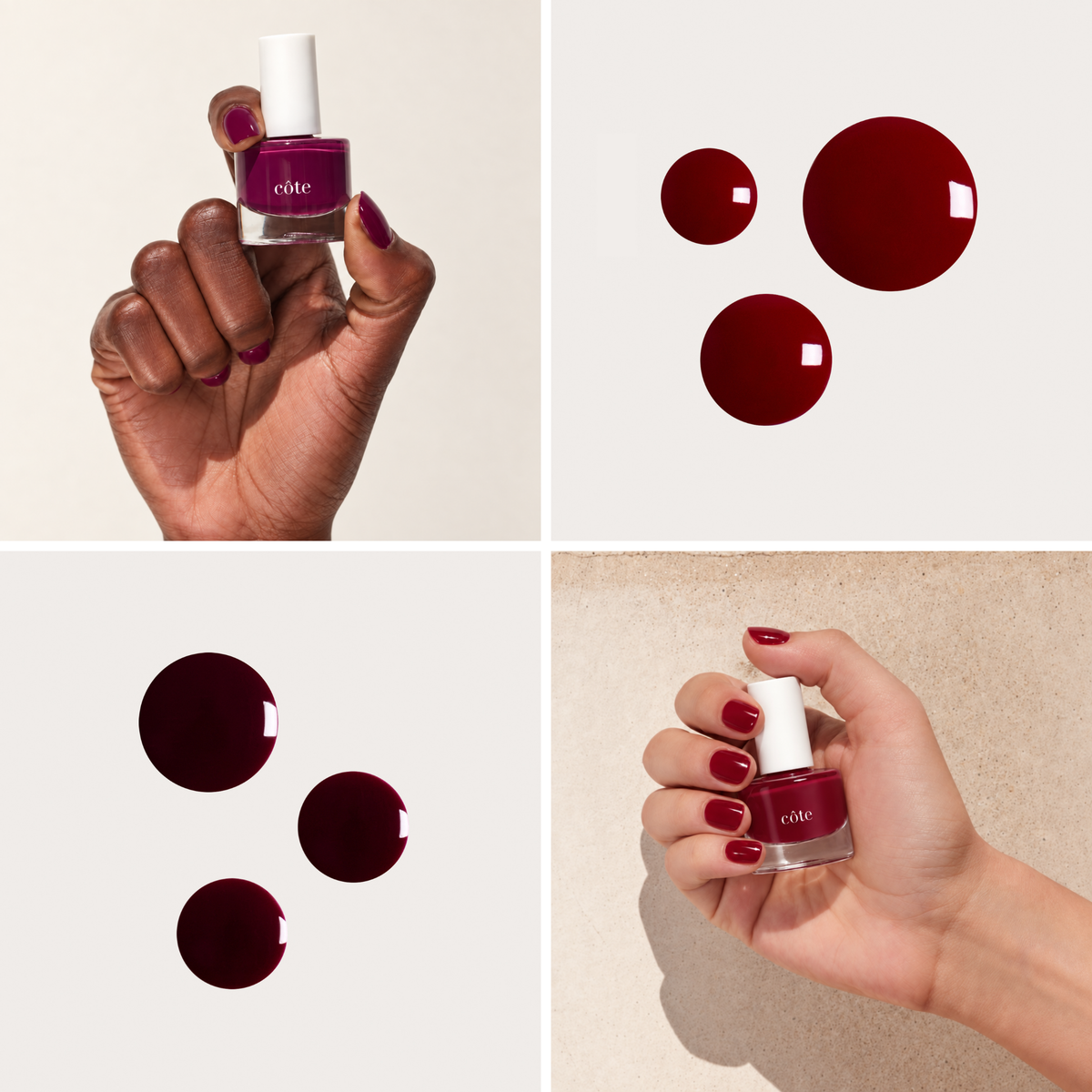 A four-panel collage showcasing a bottle of nail polish held by a hand with matching deep burgundy manicured nails, alongside three circular nail polish swatches in the same dark red shade on a light beige background.