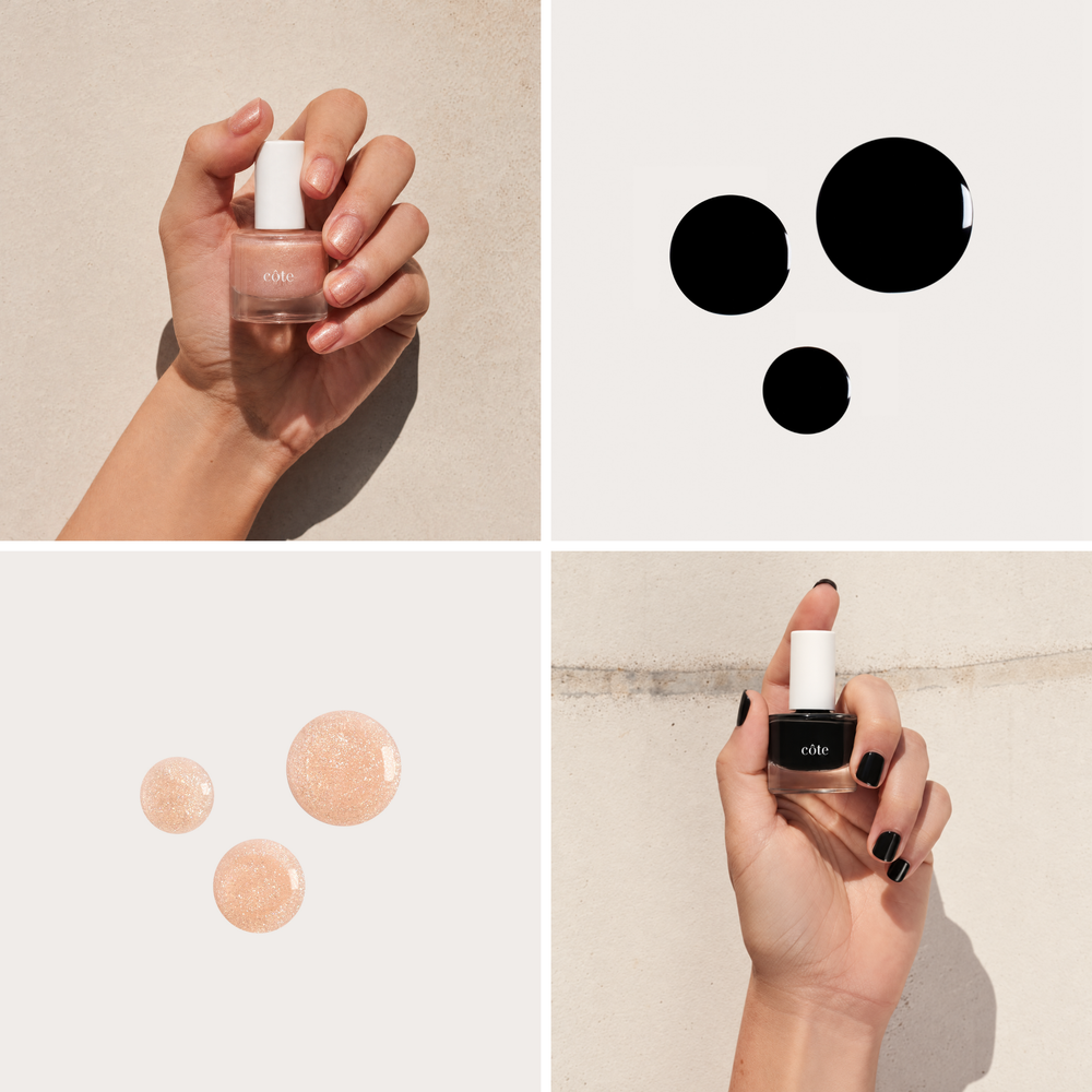 A four-panel collage showcasing a nail polish product. Two panels show a hand holding a bottle of nude pink nail polish the second panel is a hand holding a bottle of black nail polish. While the other two panels display three circular swatches of the glossy, sparkly pink polish and the black polish on a light background.