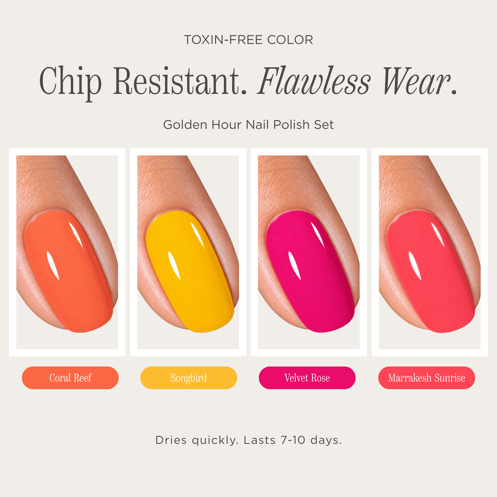 Côte Beauty Golden Hour Nail Polish Set promotional graphic showing four glossy nail color swatches on fingernails, labeled Coral Reef, Songbird, Velvet Rose, and Marrakesh Sunrise, with text reading 'TOXIN-FREE COLOR, Chip Resistant. Flawless Wear.'