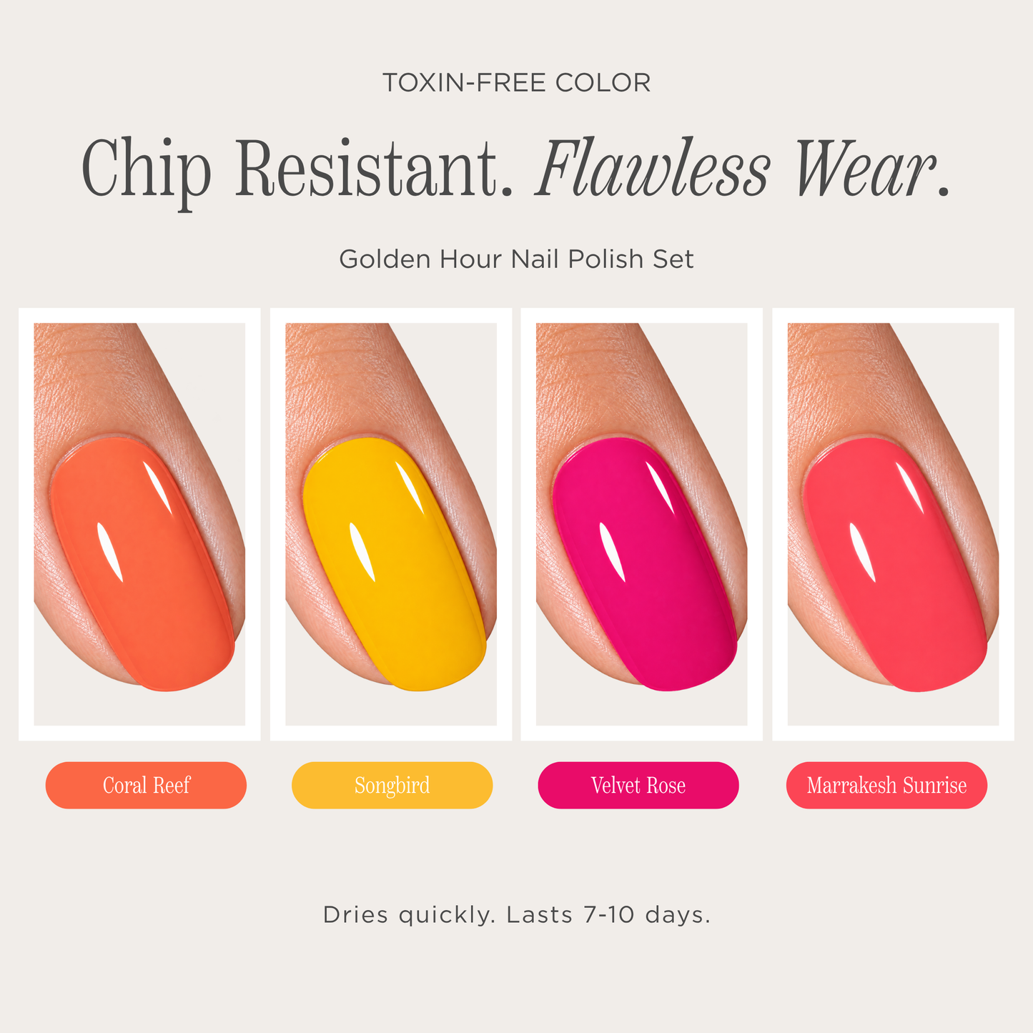 Côte Beauty Golden Hour Nail Polish Set promotional graphic showing four glossy nail color swatches on fingernails, labeled Coral Reef, Songbird, Velvet Rose, and Marrakesh Sunrise, with text reading 'TOXIN-FREE COLOR, Chip Resistant. Flawless Wear.'