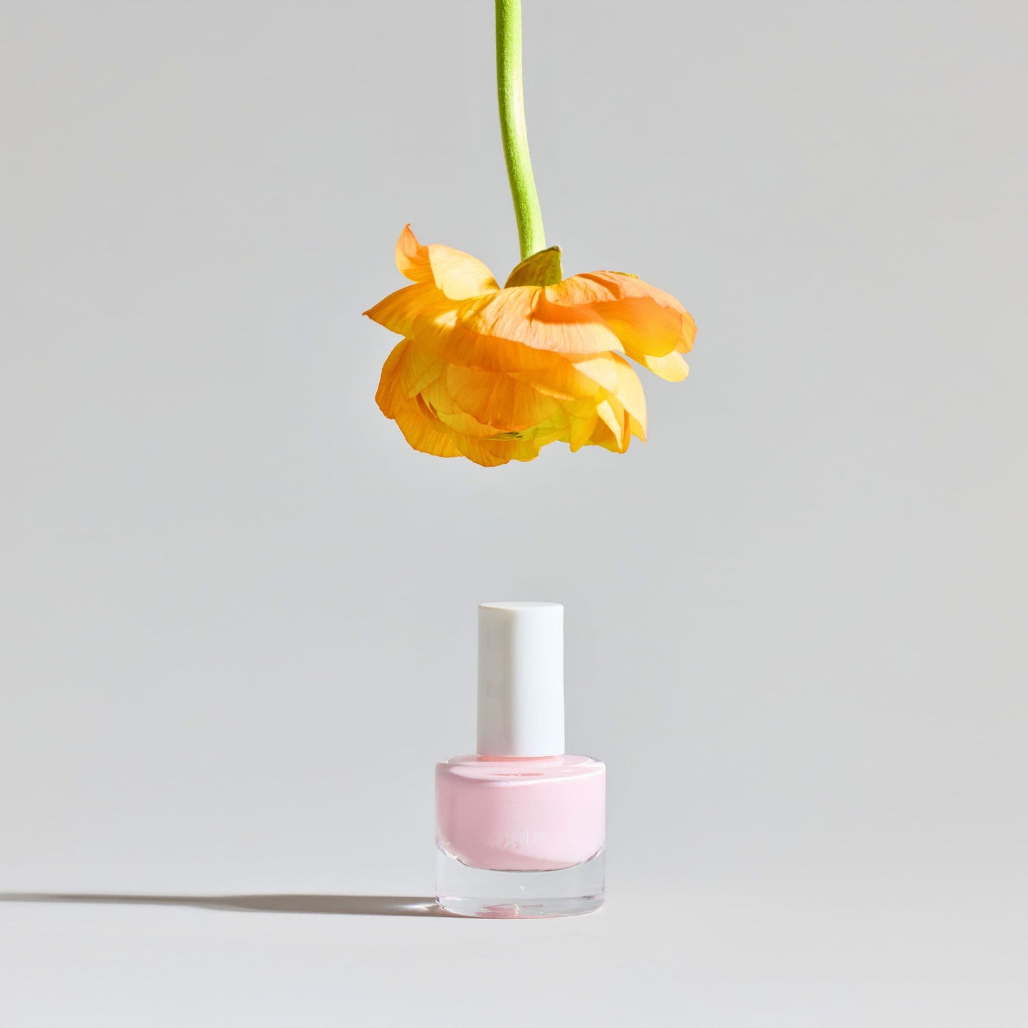 Côte Beauty Moonbeam Soft Blush Pink Non-Toxic Nail Polish bottle with florals in the background. 