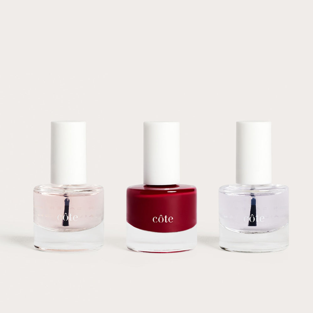 Cote Beauty Nail Essential Set of polishes includes base coat, color and top coat. 
