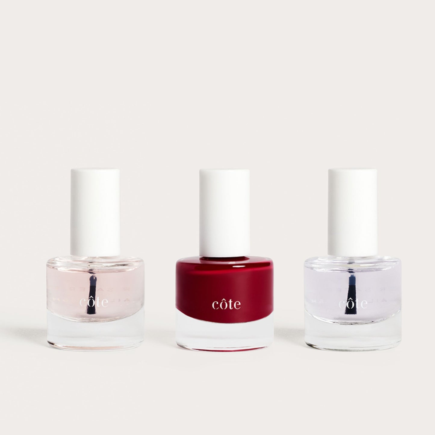 Cote Beauty Nail Essential Set of polishes includes base coat, color and top coat. 
