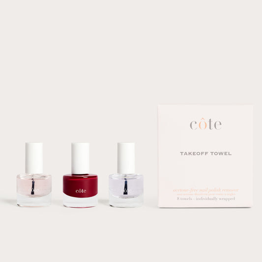 Côte Beauty Nail Polish Essential Set, three bottles of nail polish and a box of Takeoff Towels.