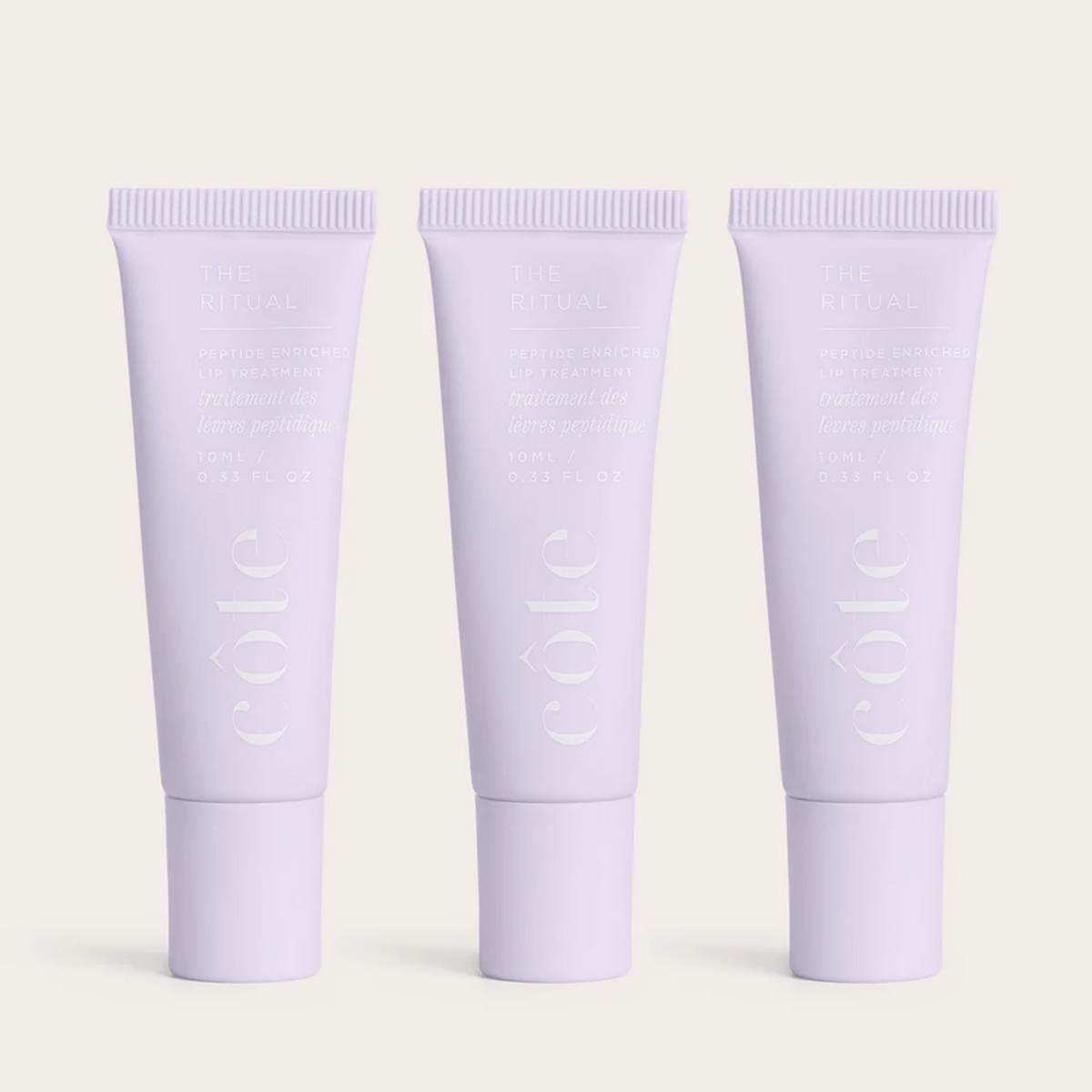 Three tubes of Côte Beauty The Ritual Peptide Lip Treatment Non-Toxic Hydrating Lip Care