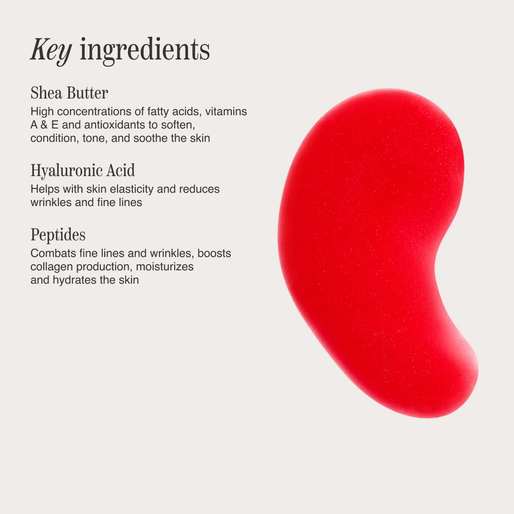 Image of key ingredients and benefits and a glossy swatch of red lip gloss
