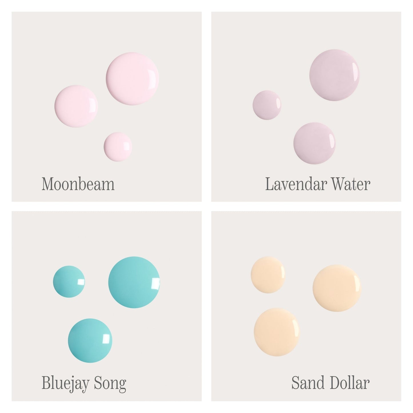 A 2x2 grid showing Côte Beauty Summer Vows Nail Polish Set of four glossy nail polish droplets on a light warm gray background. The top-left set is blush pink, the top-right is soft violet grey, the bottom-left is fresh aqua blue , and the bottom-right is nude beige.