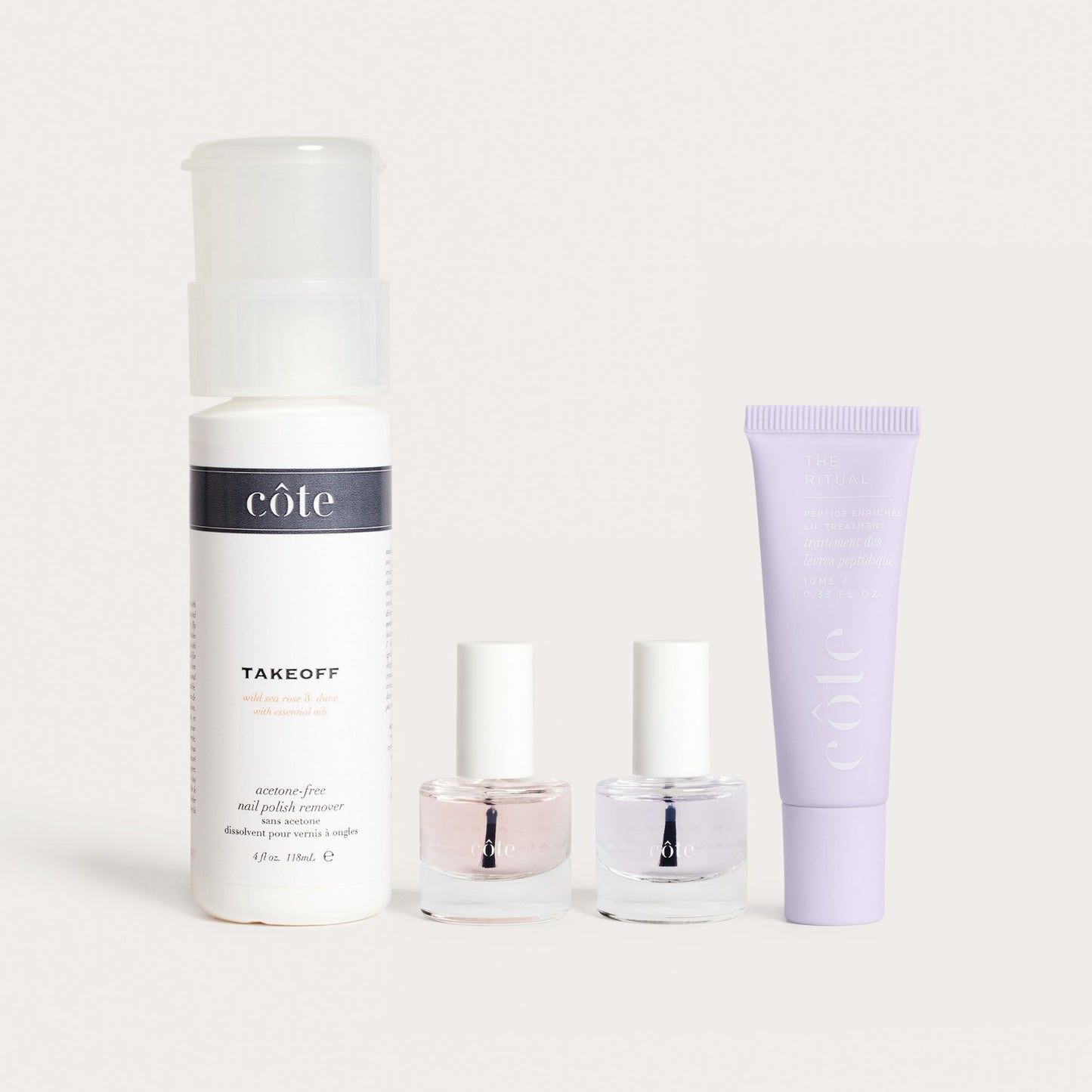 Côte Beauty Treatment Essentials Set Non-Toxic Polish Remover, Nail Prep Base Coat, Top Coat and  Lip Treatment.