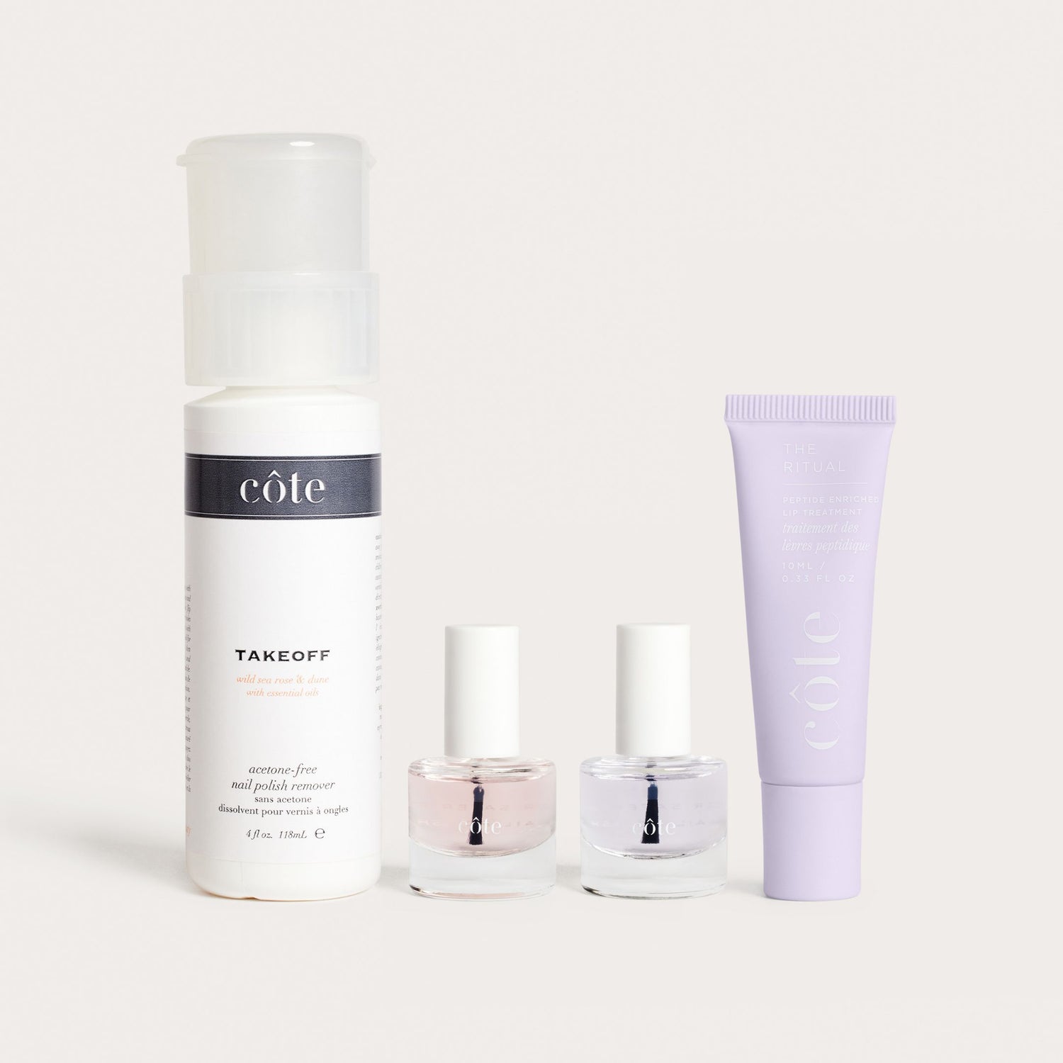 Côte Beauty Treatment Essentials Set Non-Toxic Polish Remover, Nail Prep Base Coat, Top Coat and  Lip Treatment.