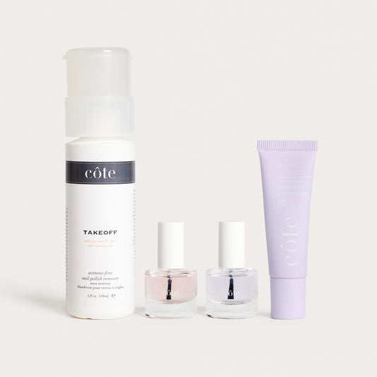 Côte Beauty Treatment Essentials Set Non-Toxic Polish Remover, Nail Prep Base Coat, Top Coat and  Lip Treatment.
