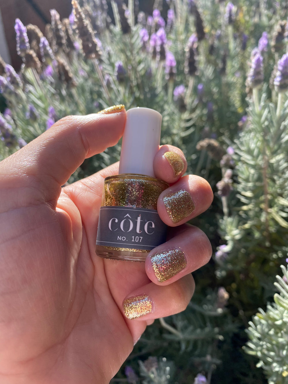 No. 107 Fine-Flake Gold Glitter Nail Polish - Vegan Nail Polish - hand 2
